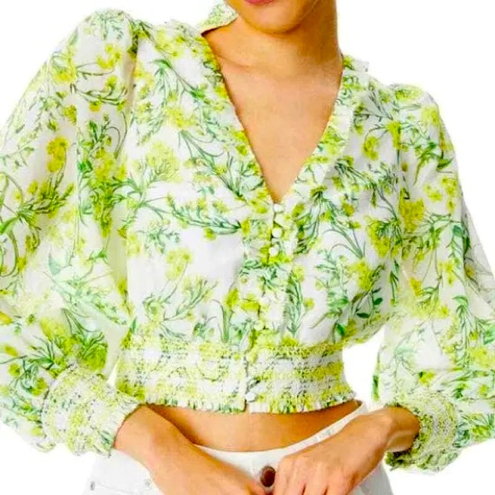 Alice + Olivia Callico Floral Cotton Silk Crop Blouse Yellow Green